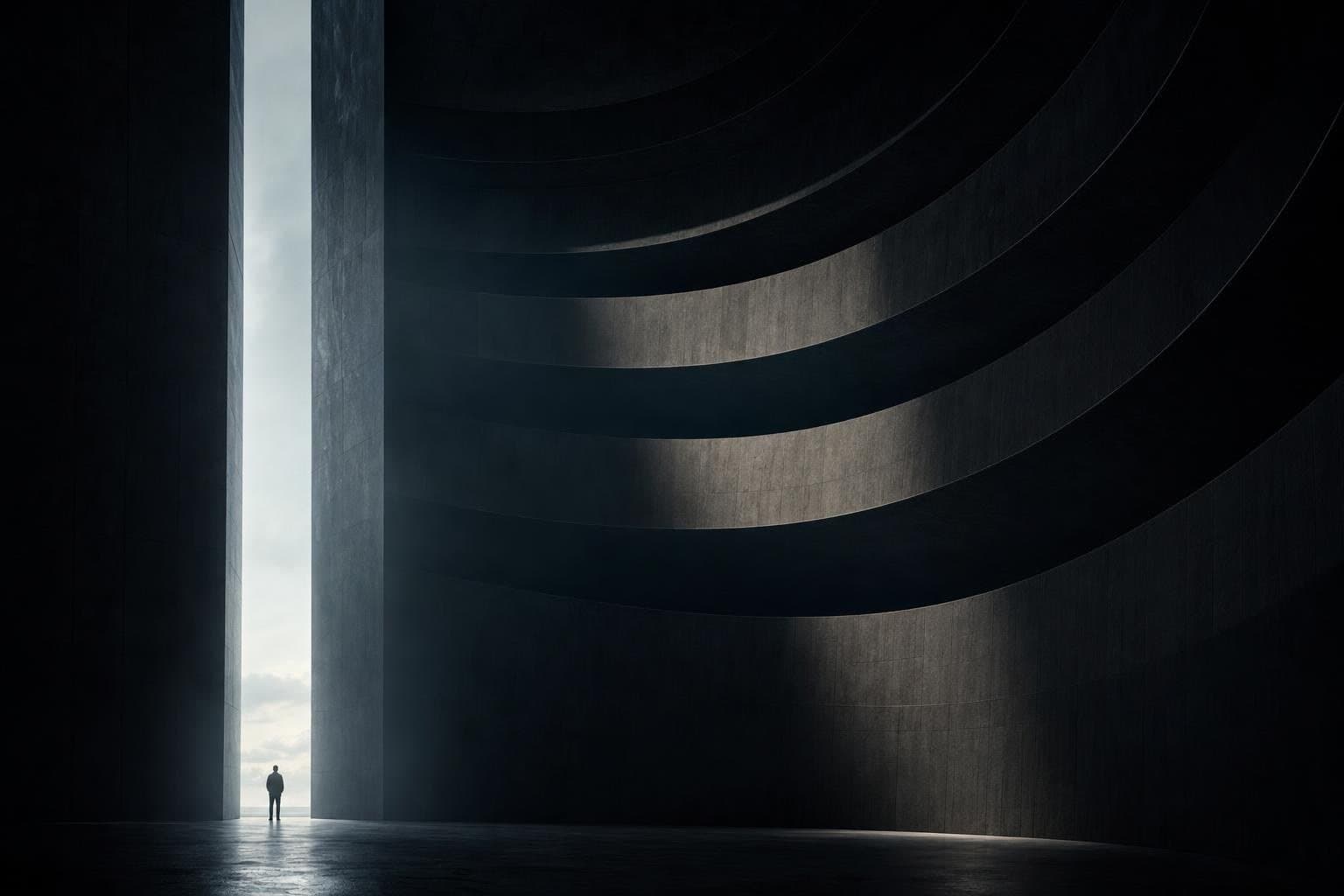 A monumental stone vault lit by a beam of light