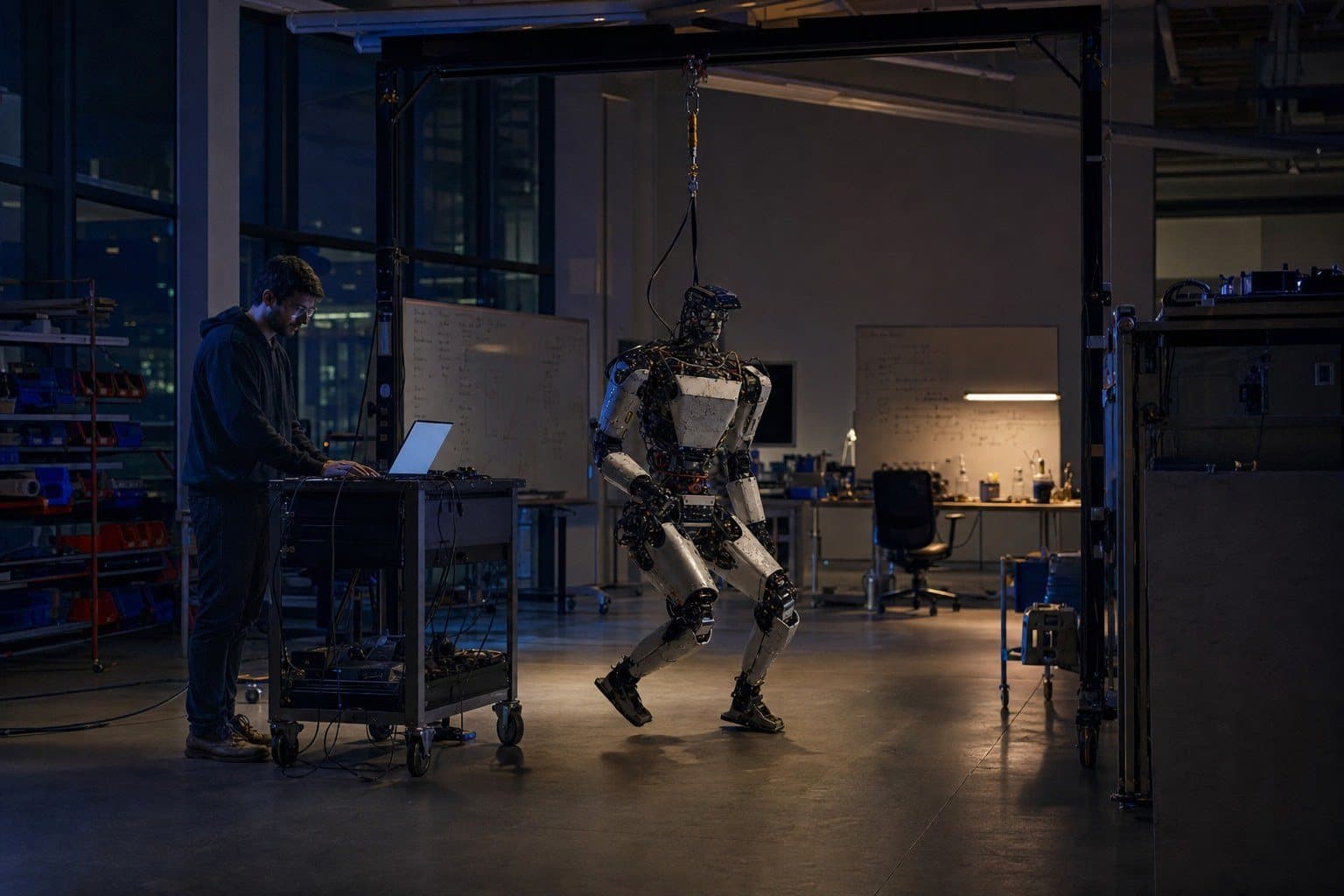 Engineers testing a humanoid robot prototype under a safety gantry