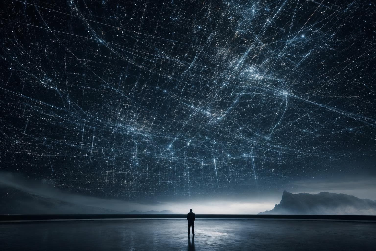 A vast lattice of light above a small human figure