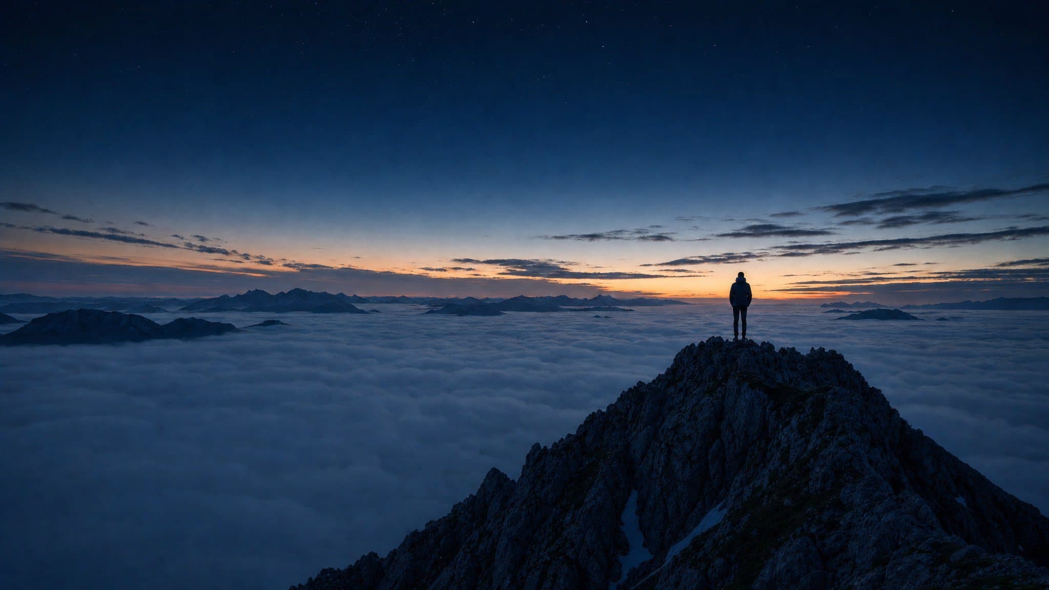 A lone figure on a granite summit above a sea of clouds at first light