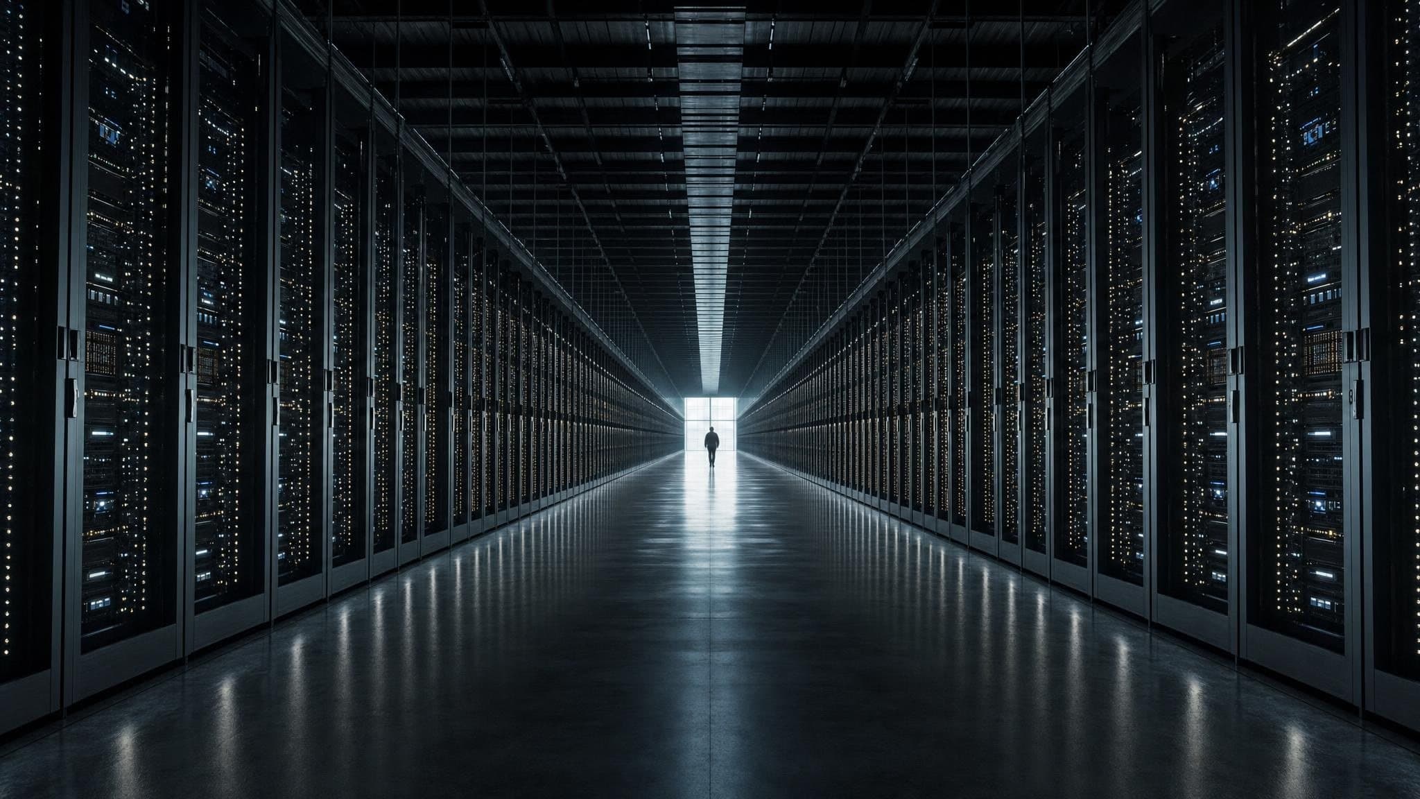 A vast hall of AI compute receding toward daylight