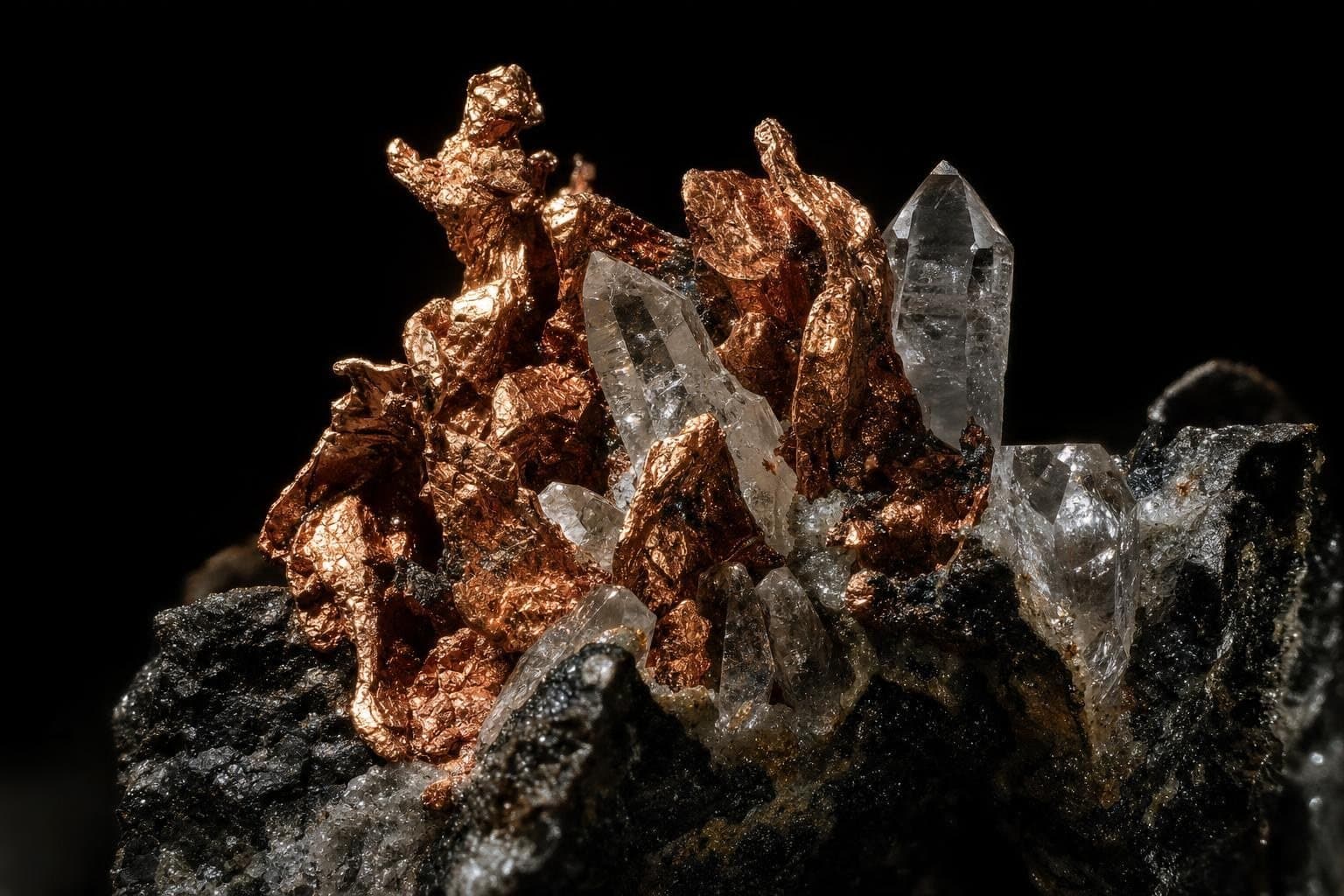 Native copper and quartz crystals growing from dark rock