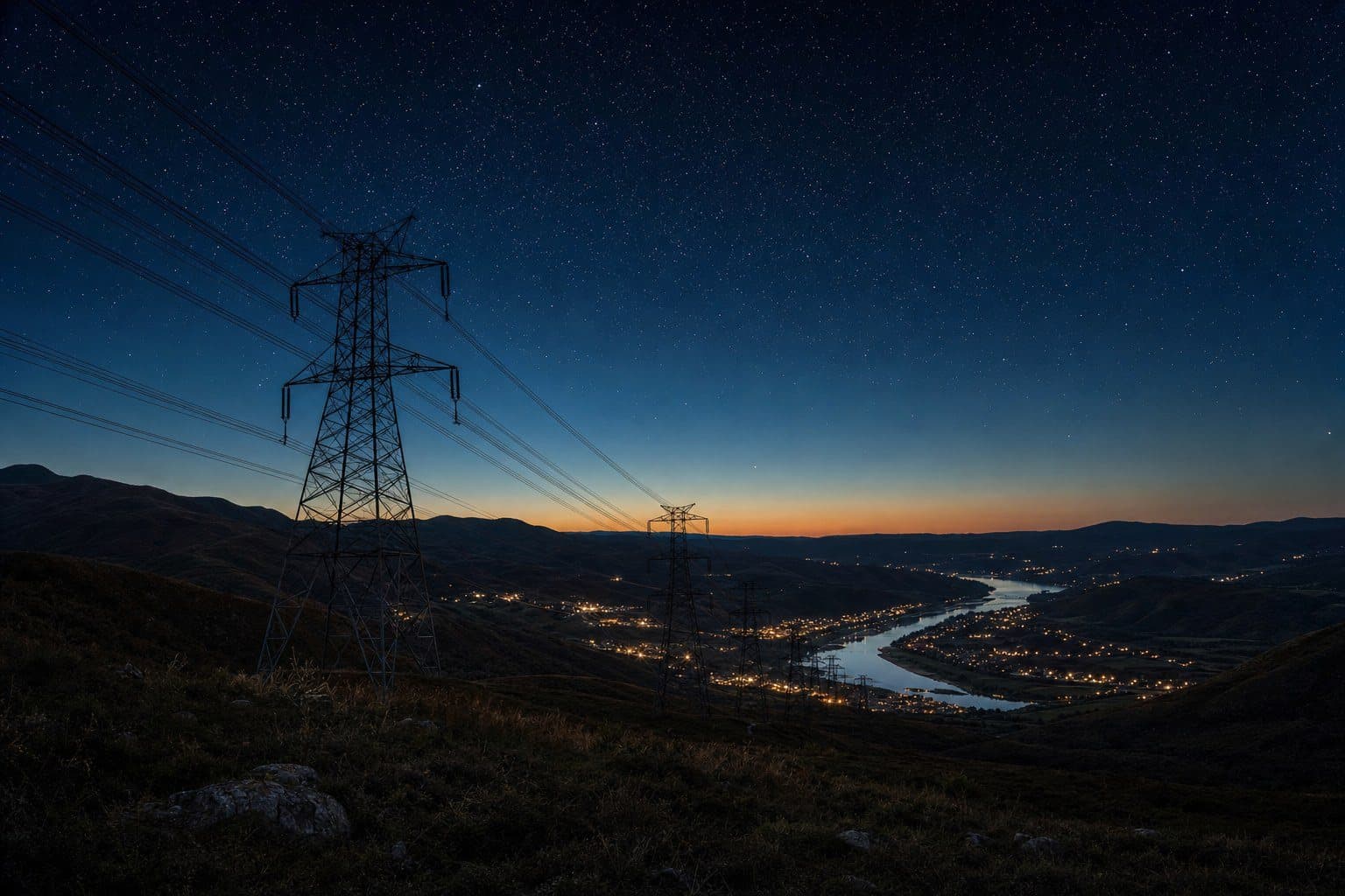 High-voltage power lines crossing a river valley under the stars