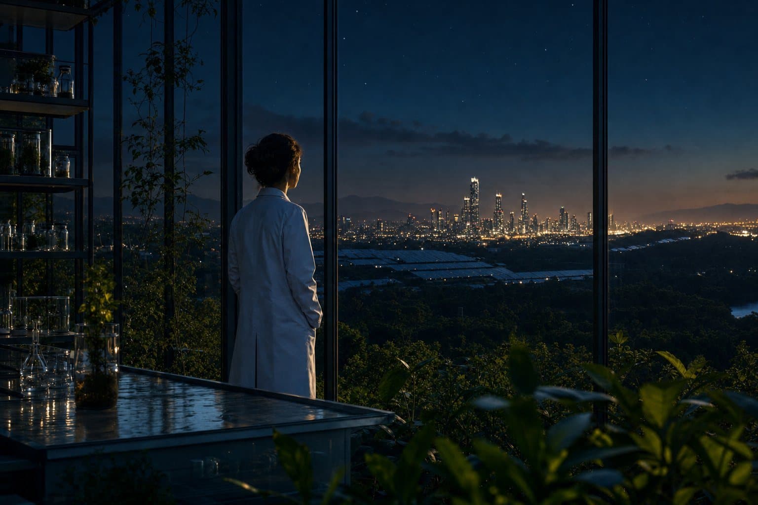 A scientist looks out over a regenerated valley and a clean city at sunrise
