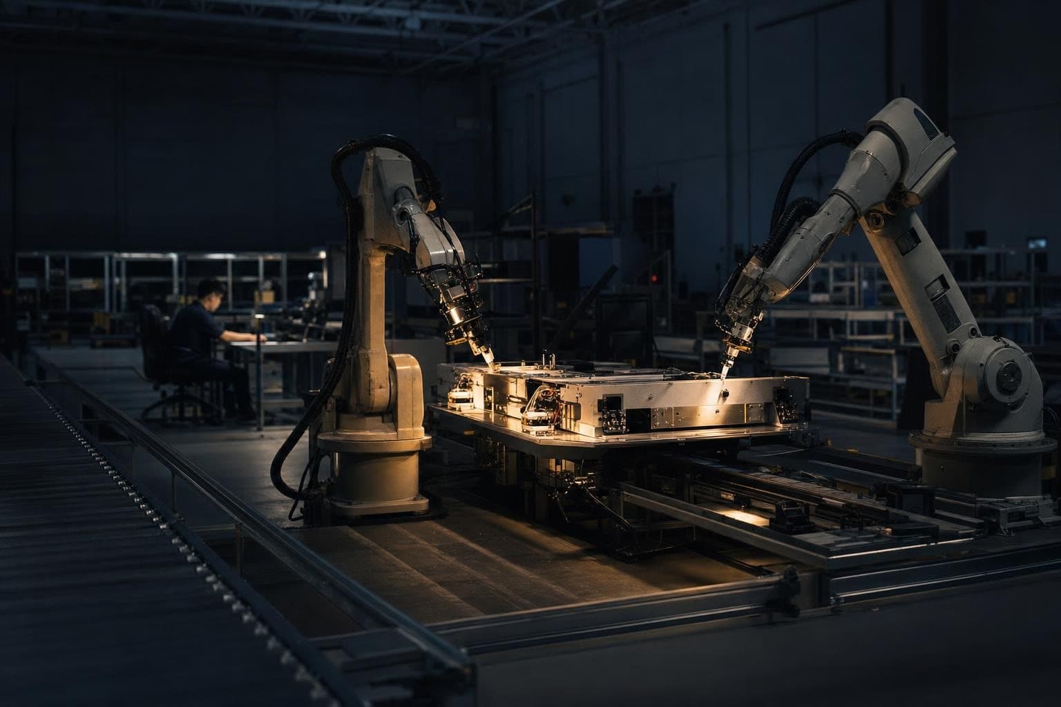 Robot arms working an assembly line in a factory at night